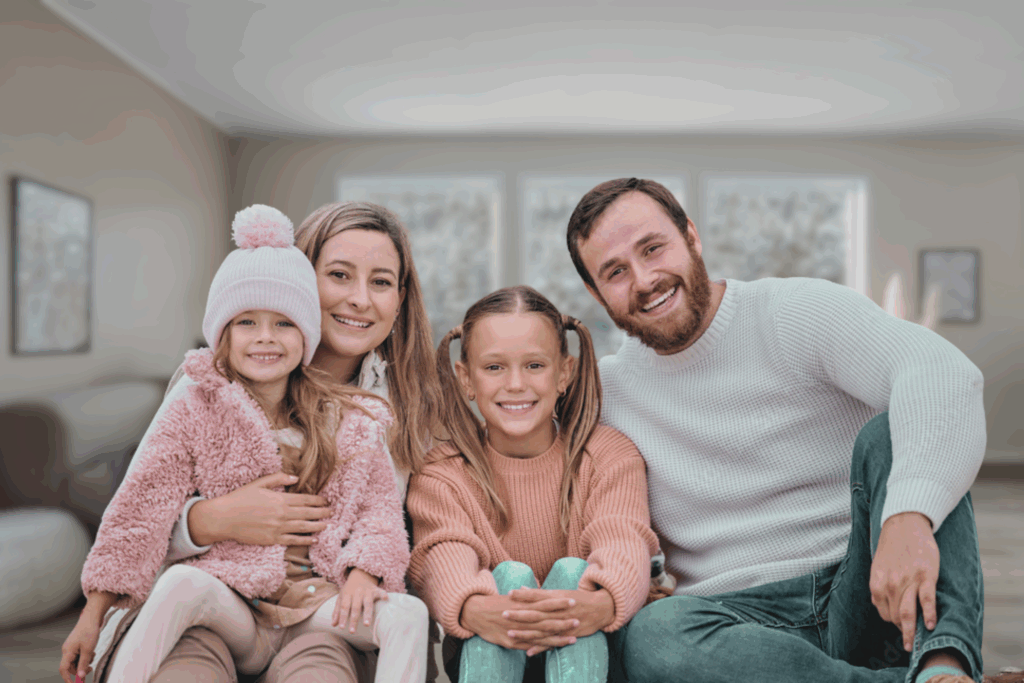 A young family sitting on the couch smiling at the camera
